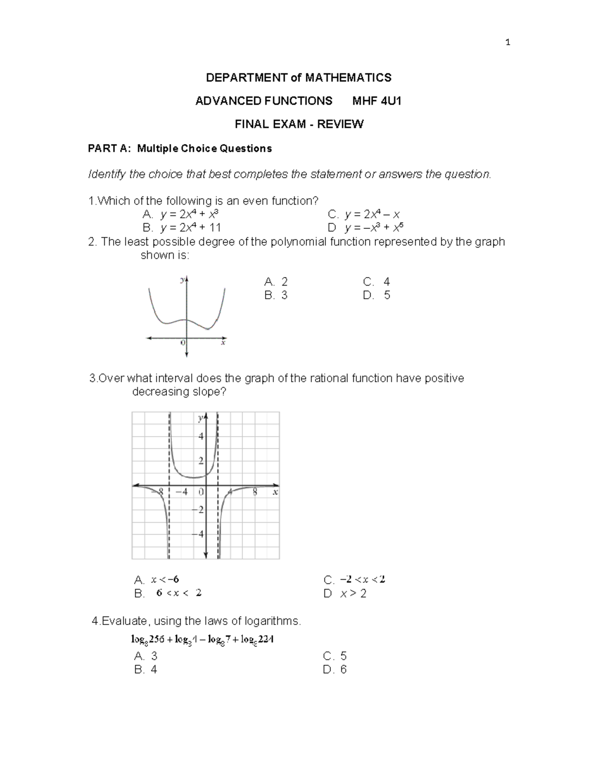 Final Exam Review MHF 4U1 - Advanced Functions Multiple Choice ...