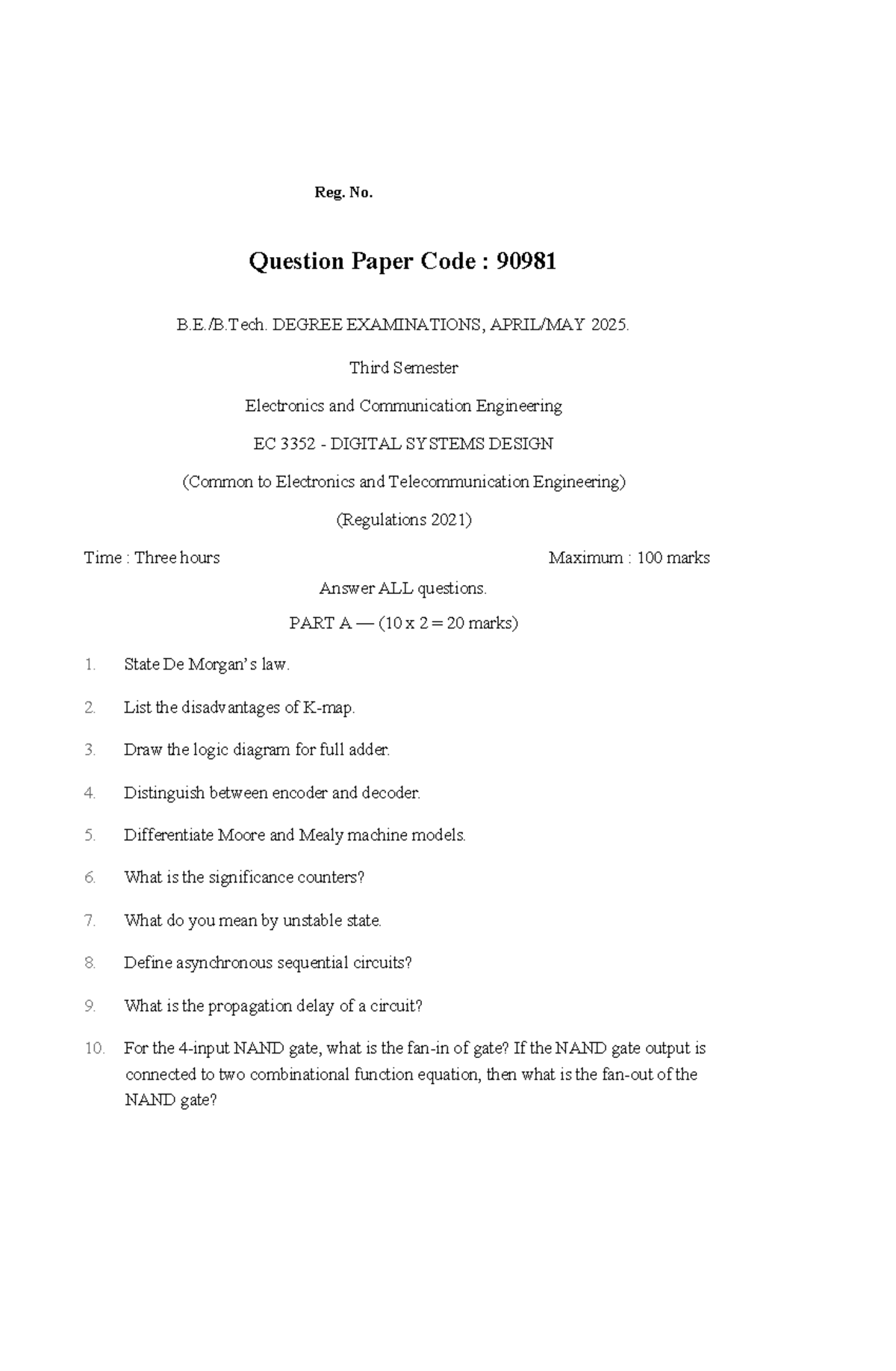 EC 3352 Digital Systems Design Question Paper - Degree Exams 2025 - Studocu