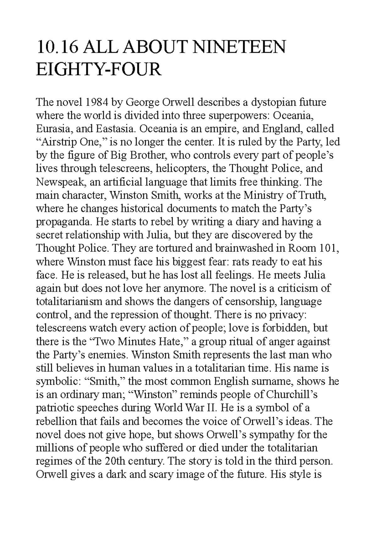 1984: A Dystopian Analysis of Totalitarianism in Orwell's Novel - Studocu