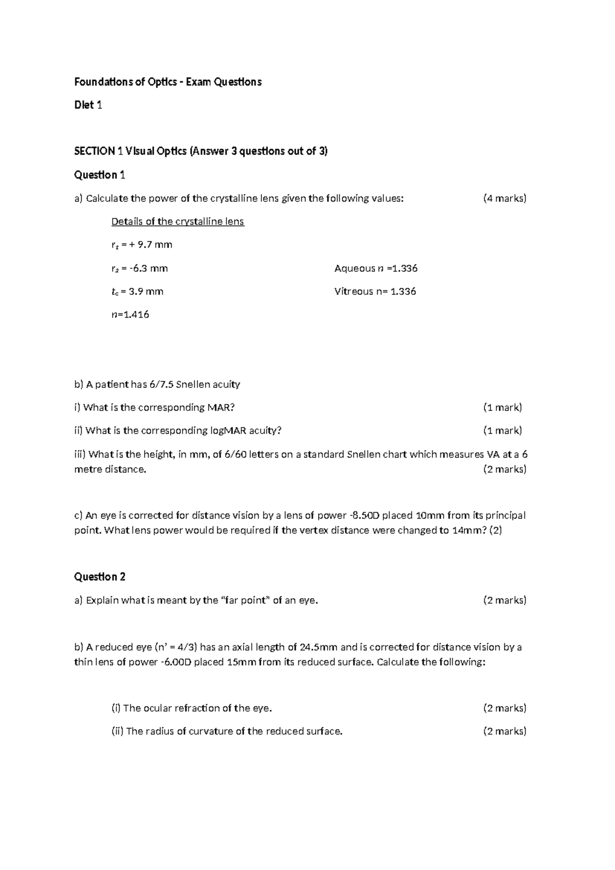 Foundations of Optics - Exam Questions (May 22) - Studocu