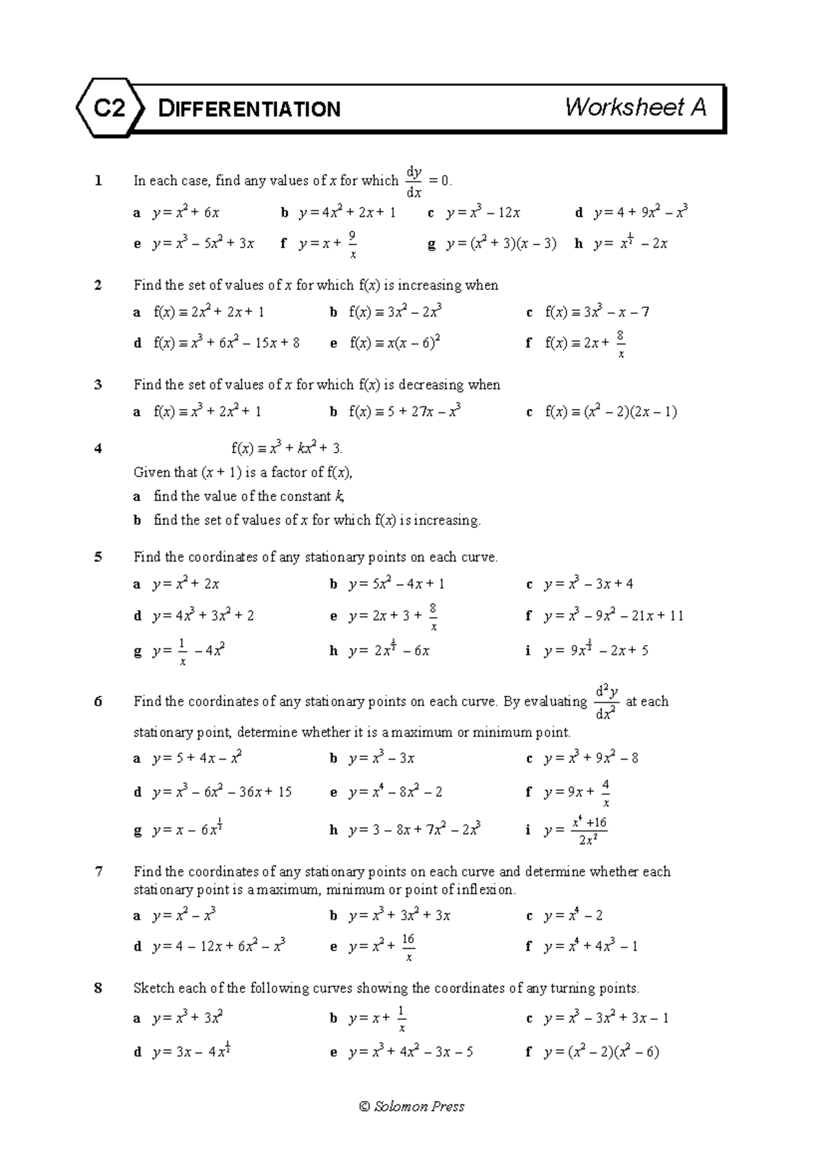 WS - Asynchronous Day - Differentiation Worksheet A - Calculus - Studocu