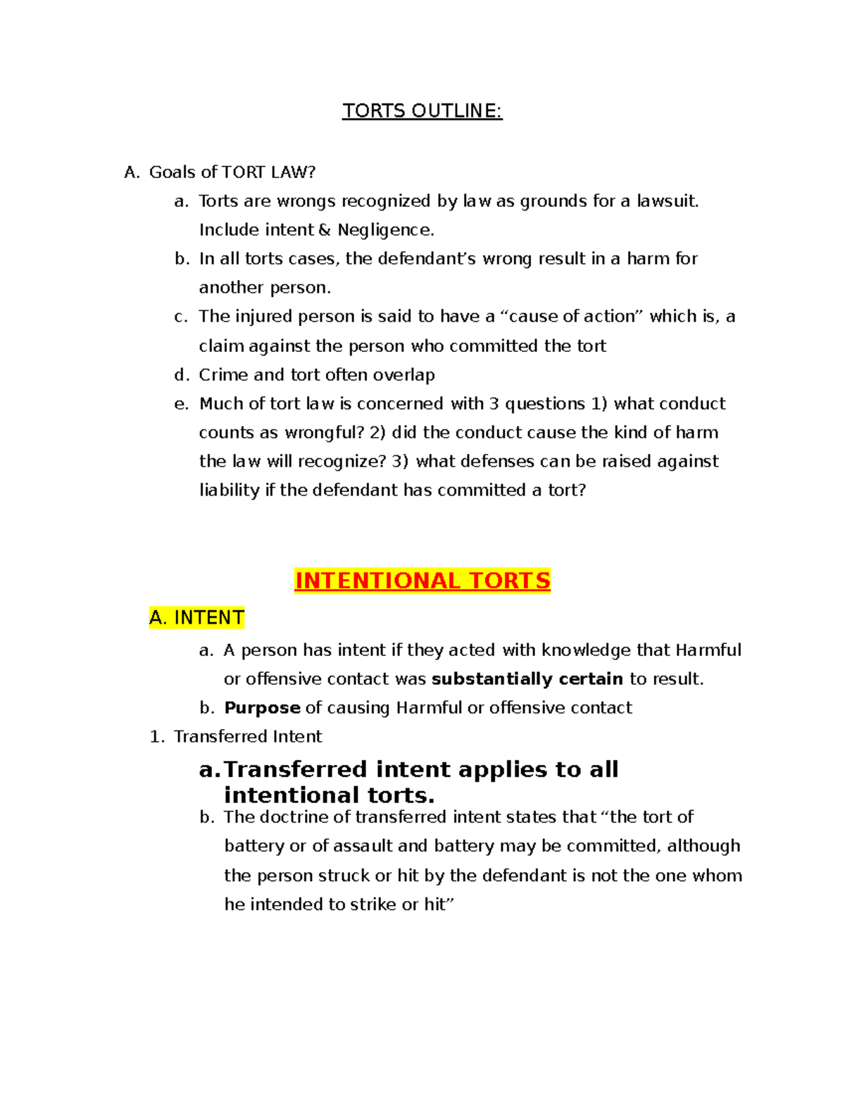 TORTS OUTLINE: Key Concepts of Intentional Torts and Defenses - Studocu