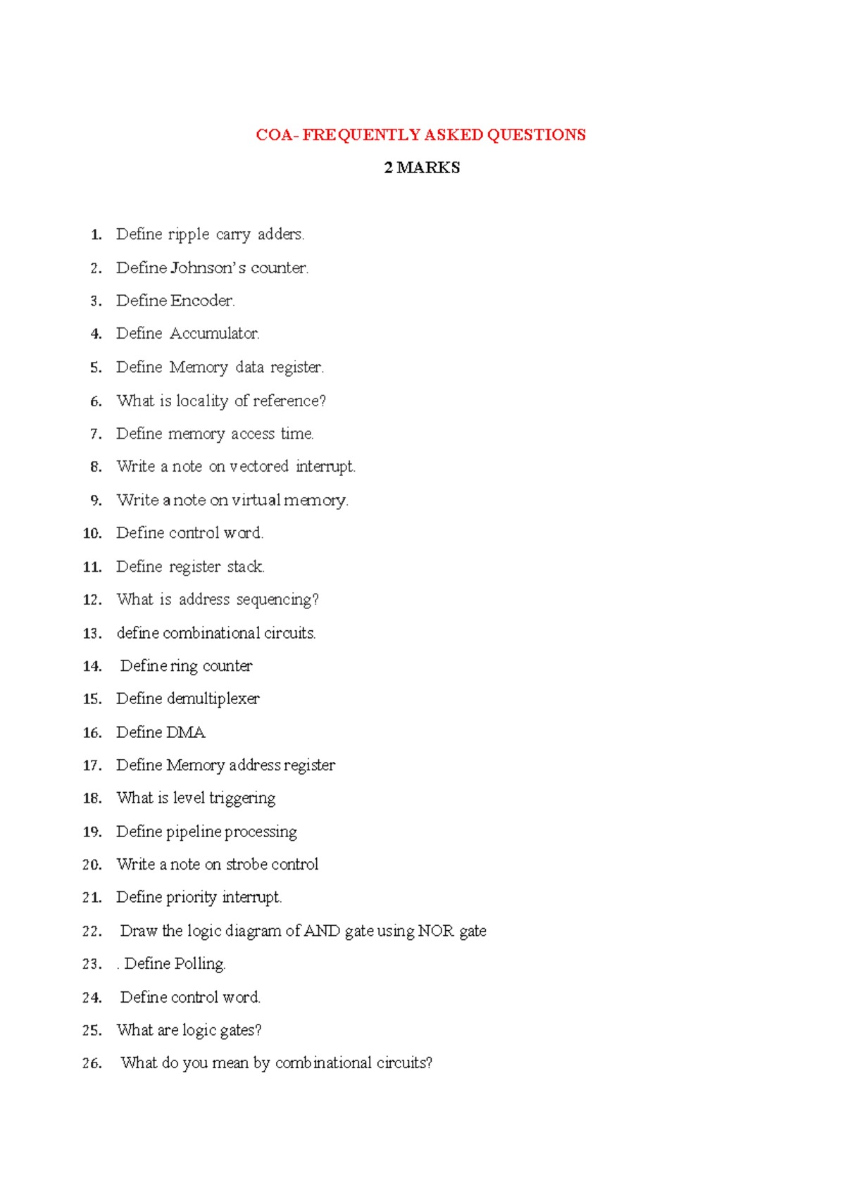 COA Important FAQs and Concepts for 2 Marks and 5 Marks - Studocu