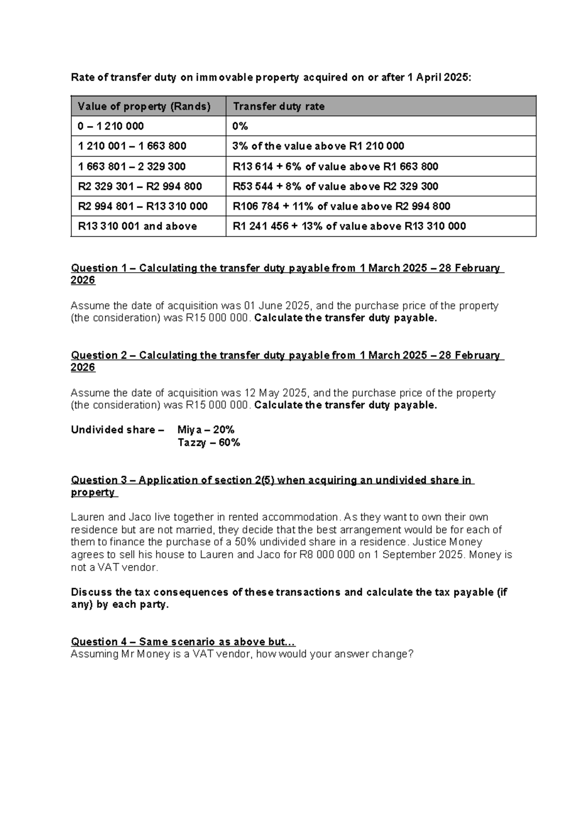 Transfer Duty Calculations & Exercises (2026) - Studocu
