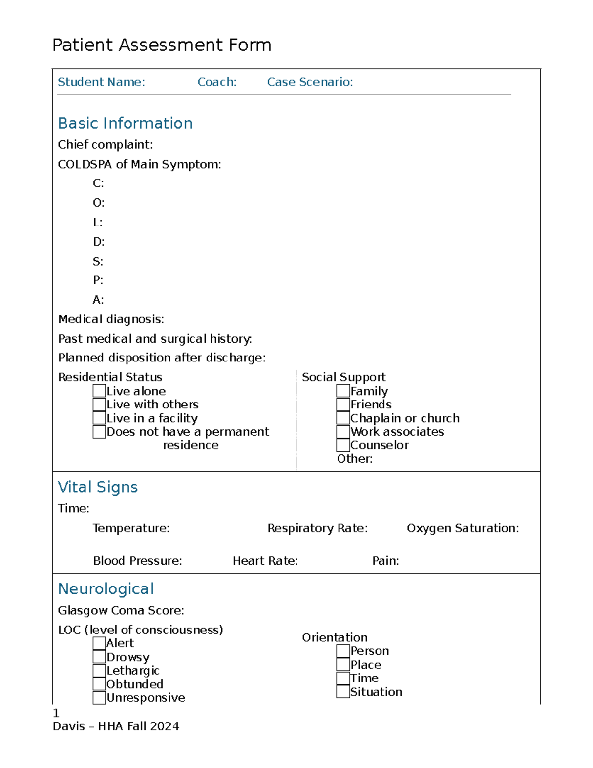 Patient Assessment Document for Clinical Evaluation - HHA 2024 - Studocu