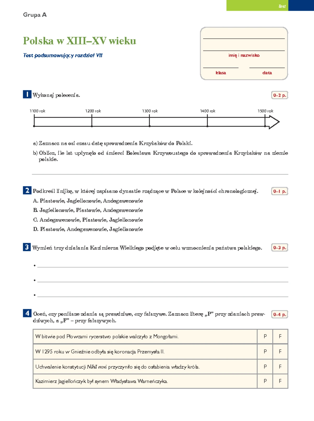 Klasa 4, dział 3 - Wojny i upadek Rzeczypospolitej - RozwiĄŻ - Klasa 4