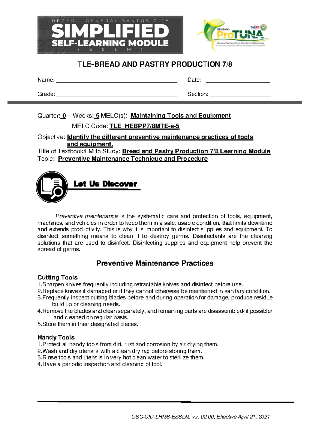 SSLM TLE BPP 7 8 WEEK 5 - bread and pastry production exploratory ...