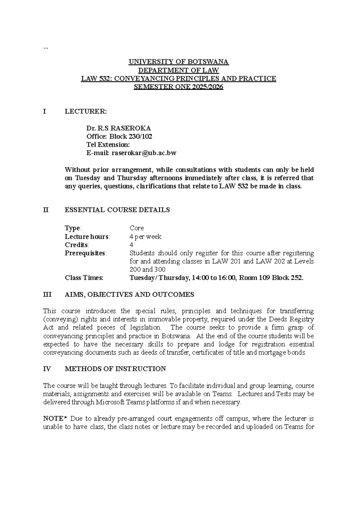 LAW 532: Conveyancing Principles & Practice Course Outline 2025 - Studocu