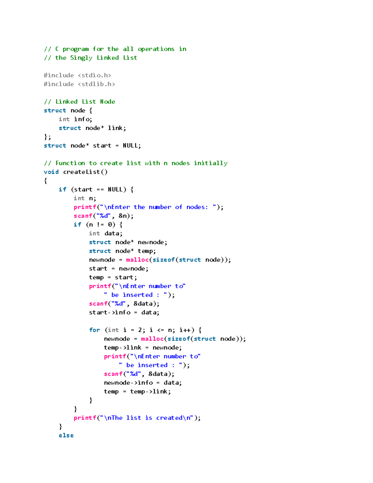 C Programming (CS101): Singly Linked List Operations Guide - Studocu