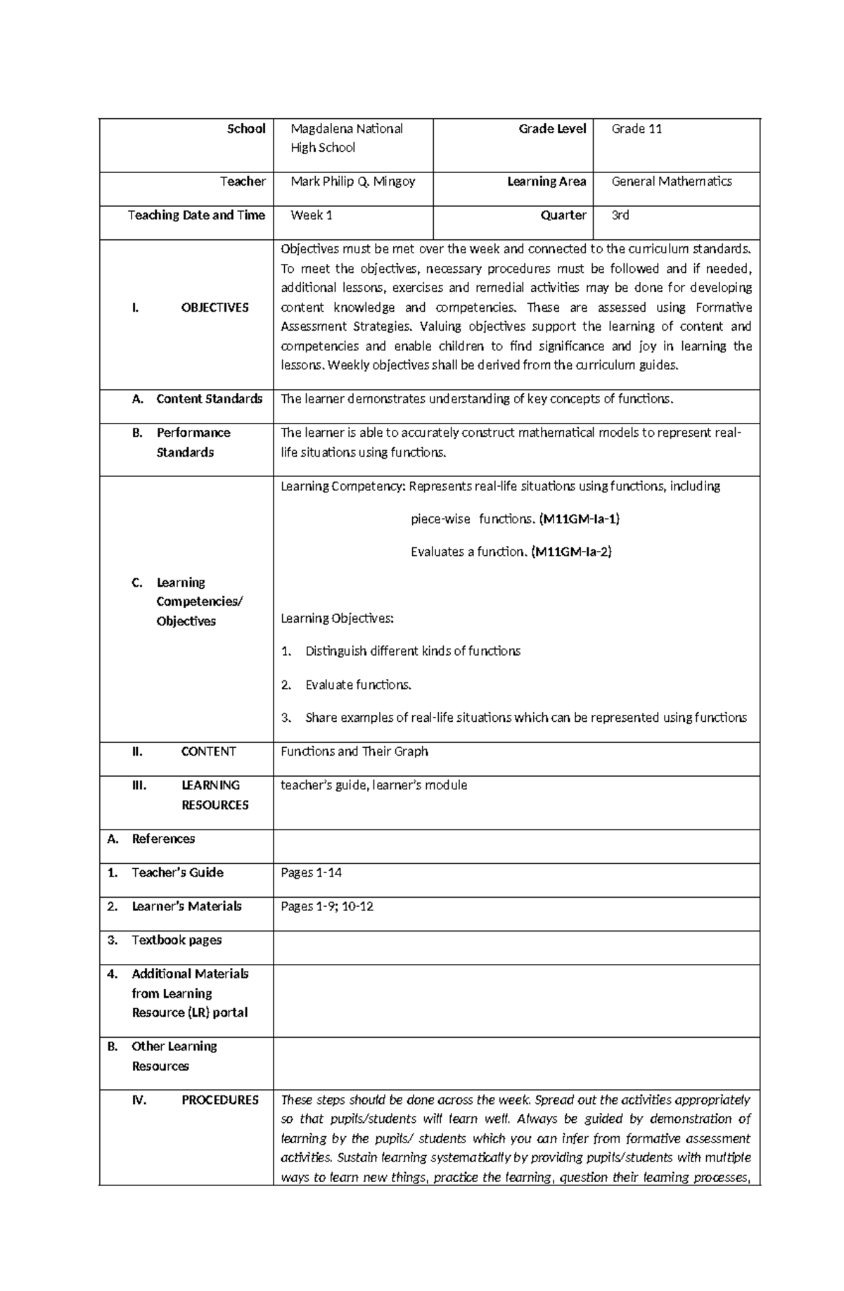 GM I - 1 - Grade 11 General Mathematics Weekly Teaching Notes - Studocu