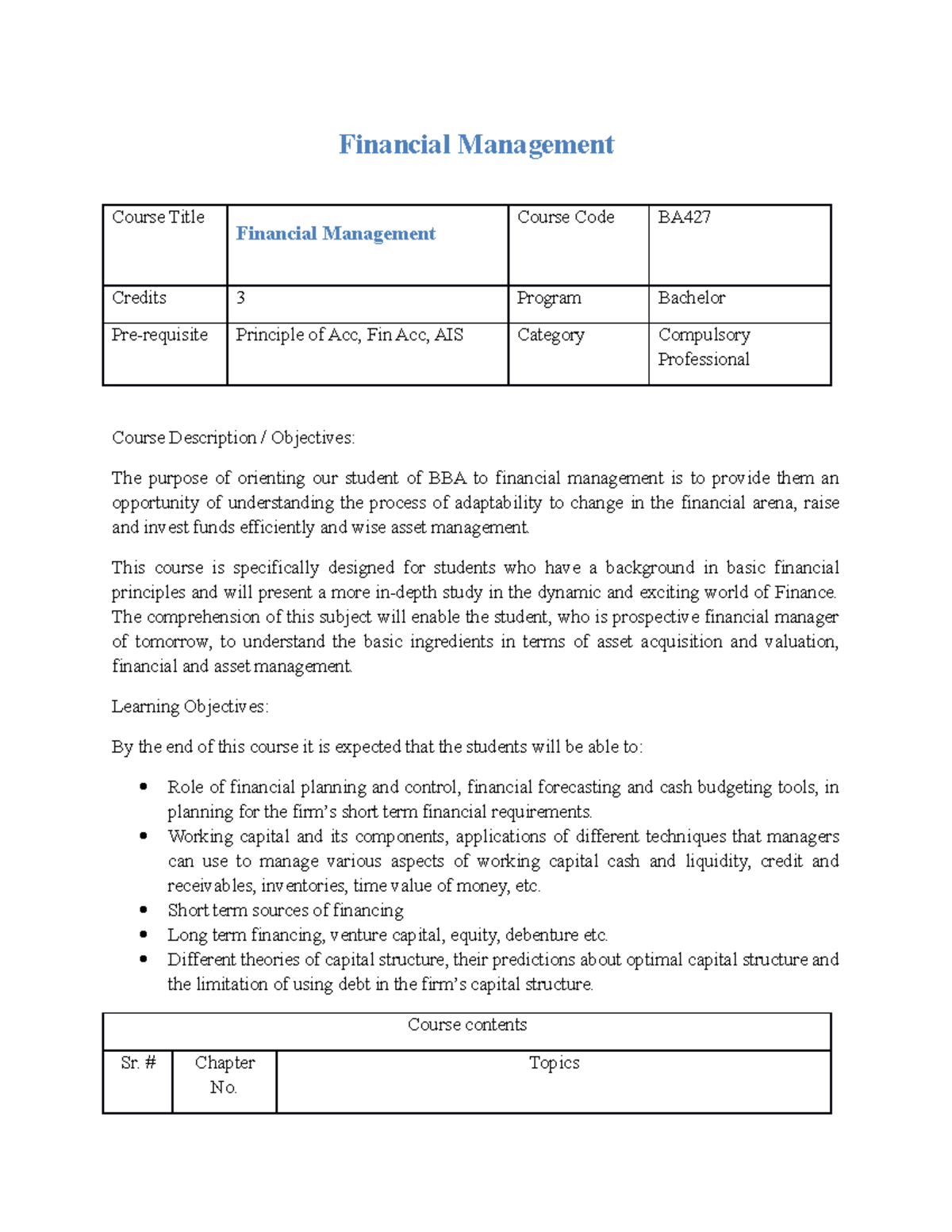 Financial Management - Lecture notes 1-2 - Financial Management Course ...