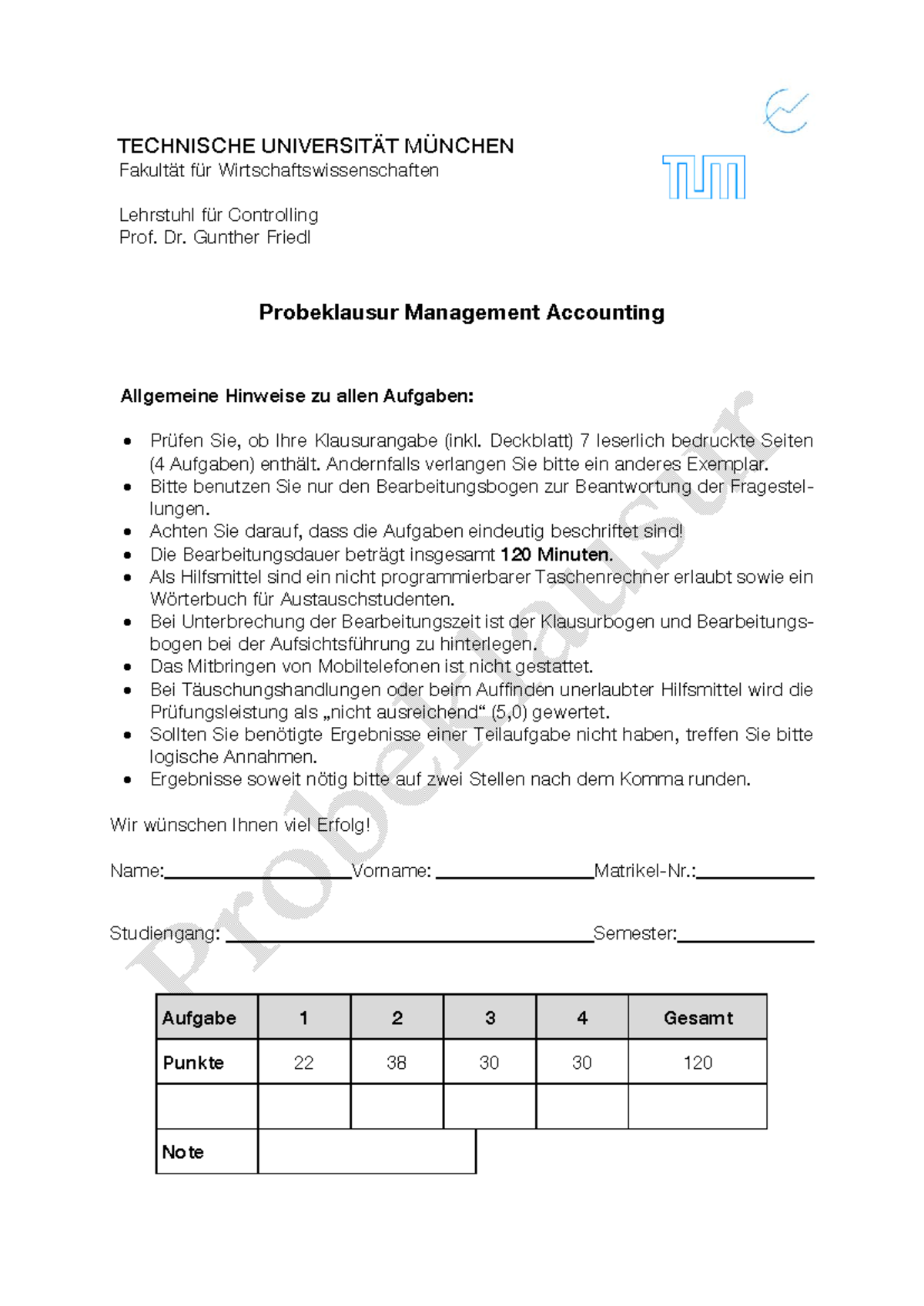 Probeklausur 2015: Fragen zum Management Accounting (MA-101) - Document Preview
