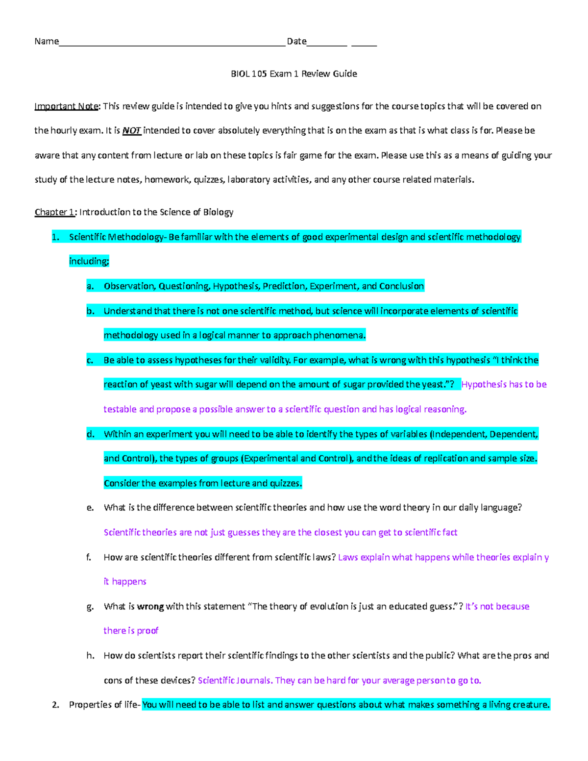 BIOL 105 Exam 1 Review Guide & Study Outline - Studocu