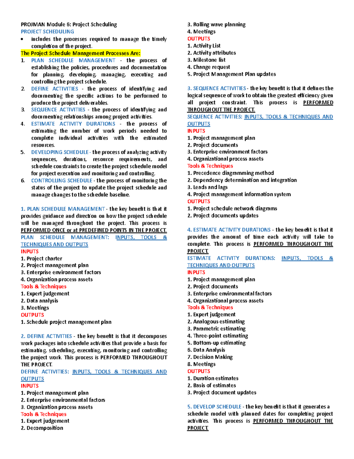 Projman MOD 6 & 7 - Module 6-7 - PROJMAN Module 6: Project Scheduling ...