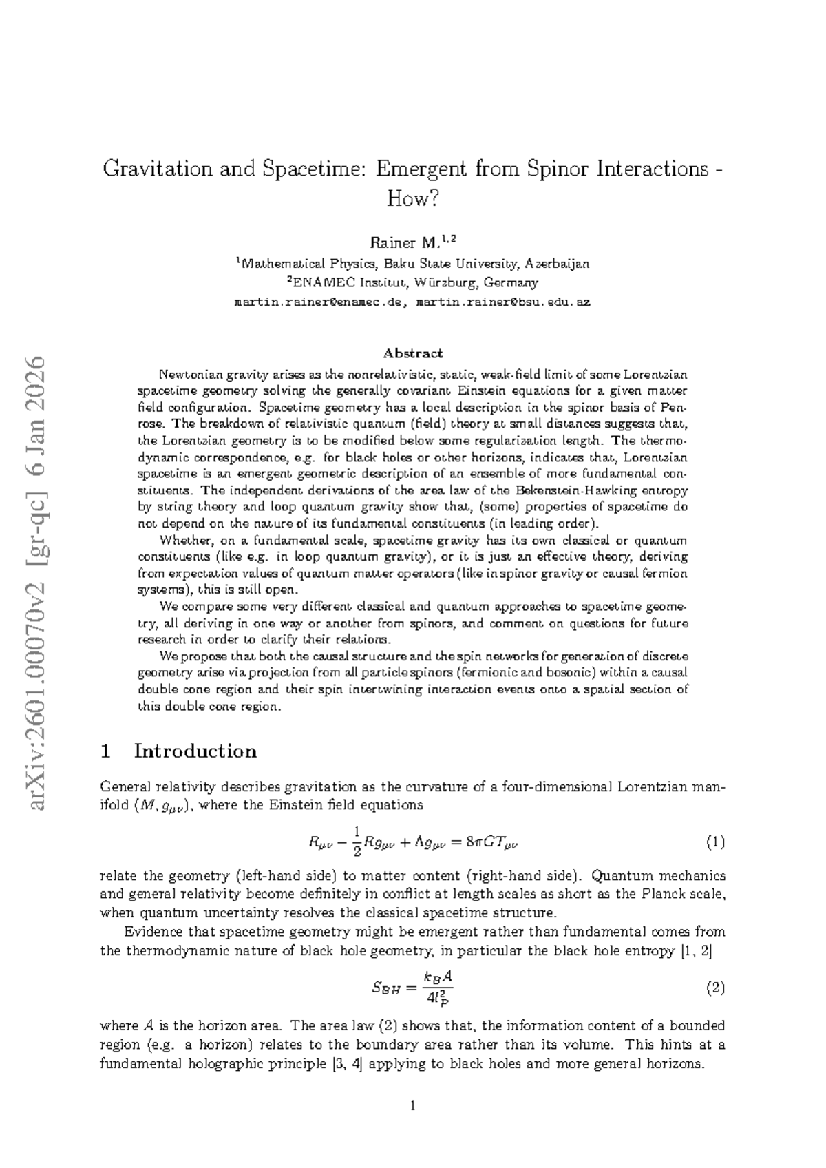 Gravitation and Spacetime: Spinor Interactions in Quantum Gravity (2601 ...