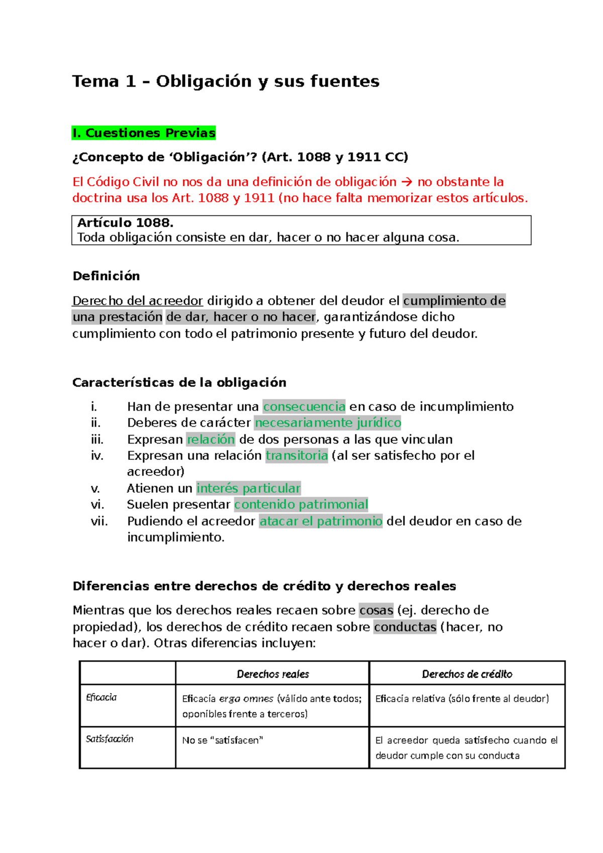 Tema 1 - La Obligación y sus Fuentes I: Análisis de Artículos CC - Studocu