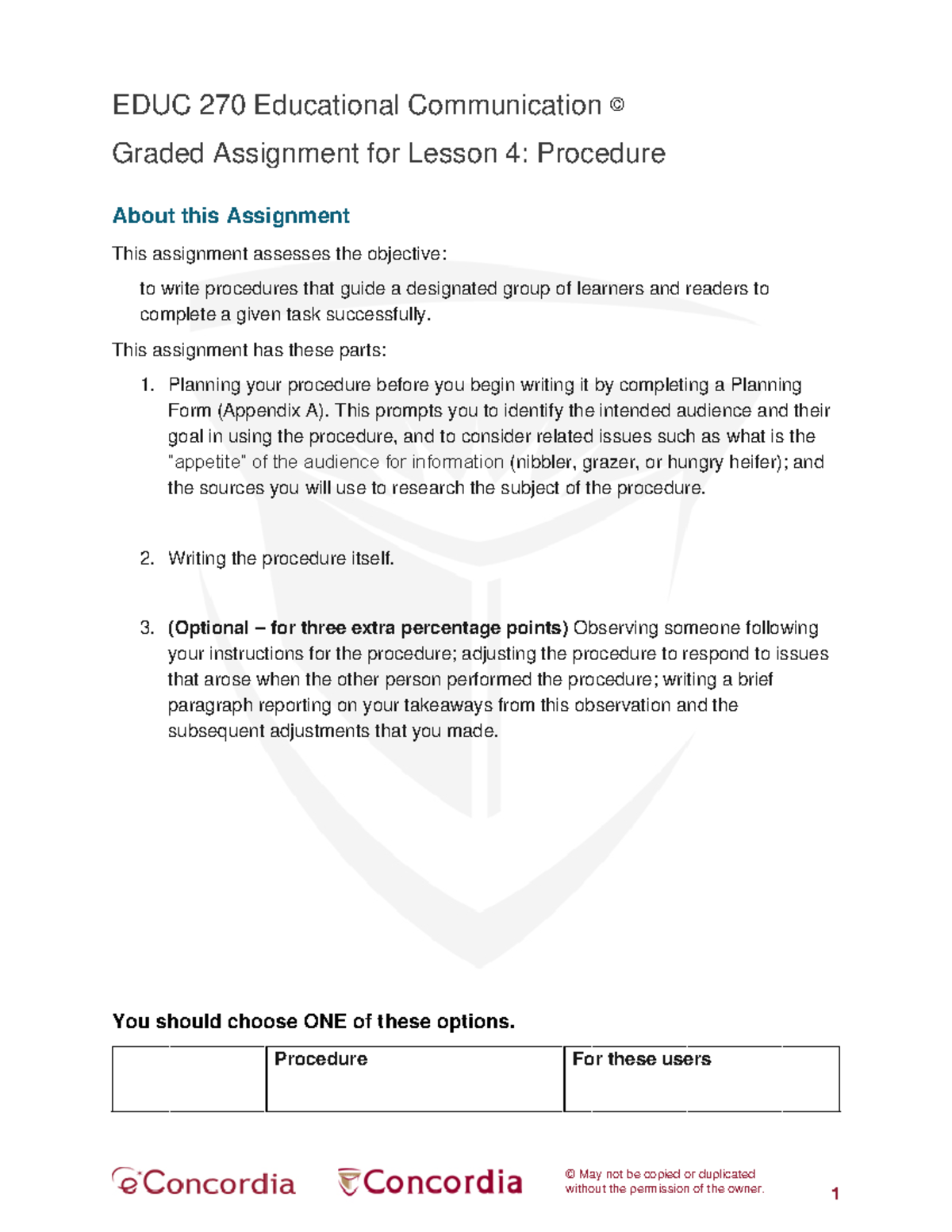 EDUC 270 Lesson 4: Procedure Assignment Guidelines and Instructions ...