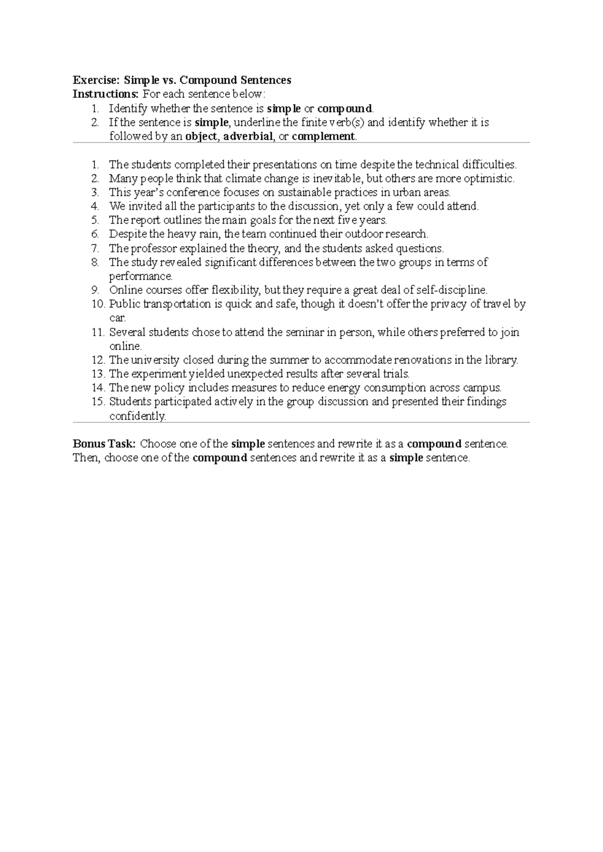 ENG101: Exercise on Simple vs. Compound Sentences - Studocu