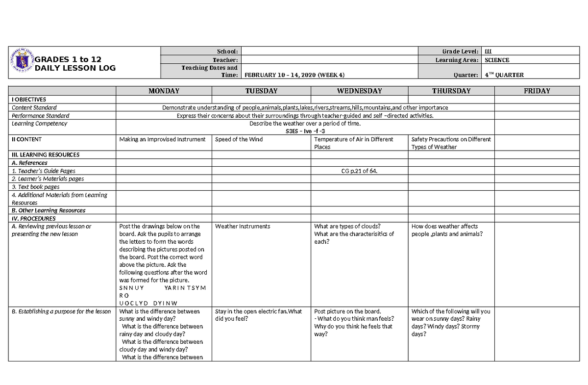 DLL Science 3 Q4 W4 - GRADES 1 to 12 DAILY LESSON LOG School: Grade ...