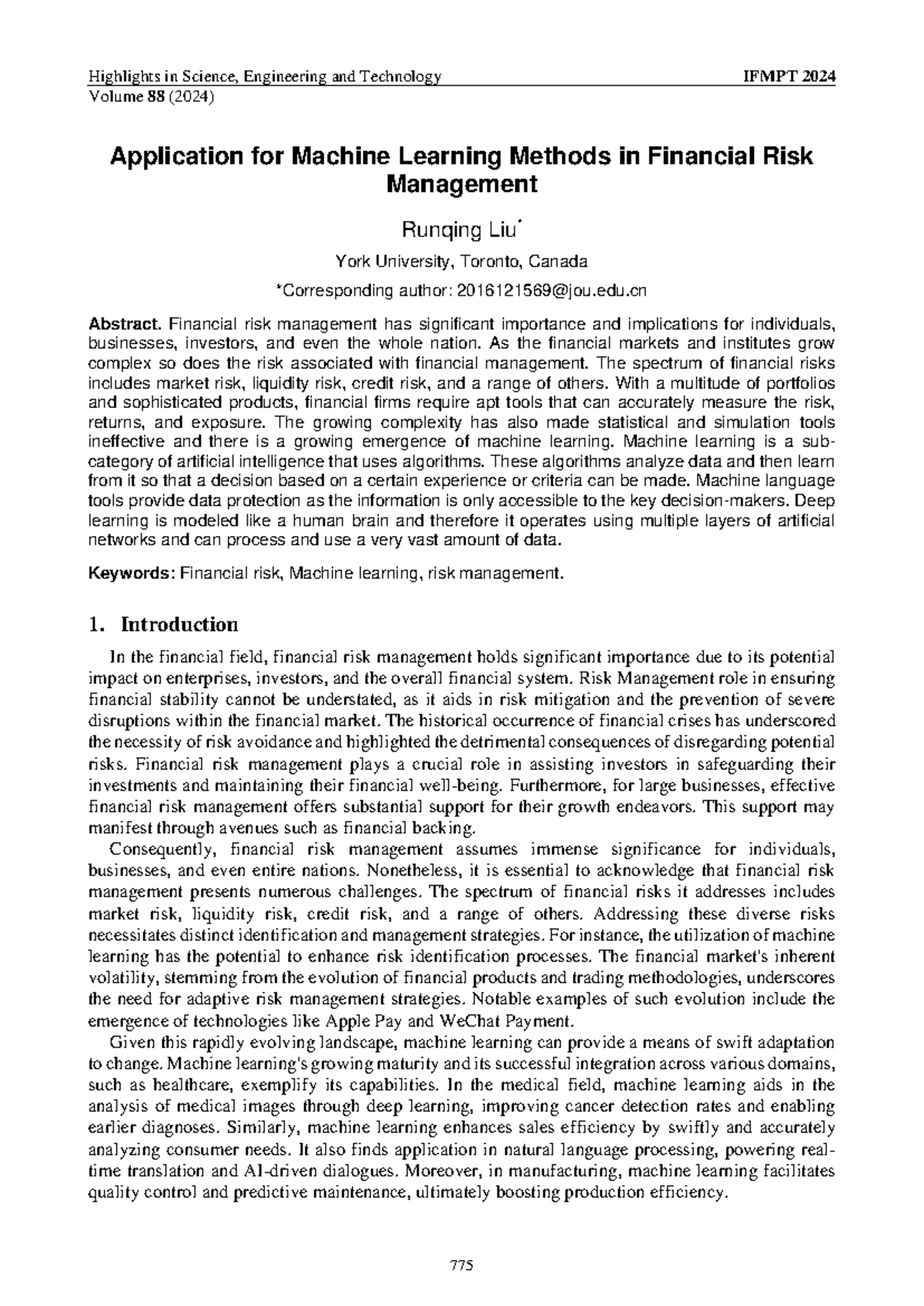 IFMPT 2024: Machine Learning Applications in Financial Risk Management ...