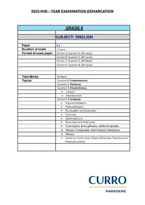 Grade 8 Mid-Year Exam Timetable for May-June 2025 - Studocu