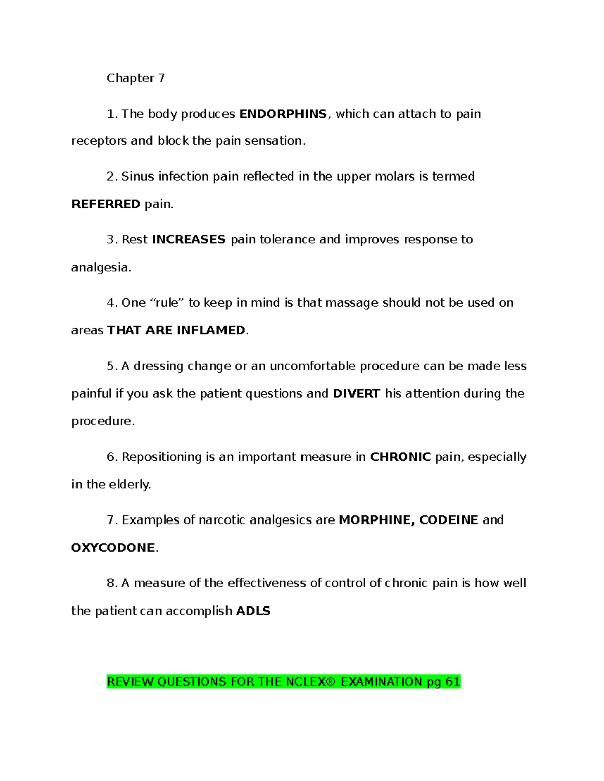 Chapter 7 Study Guide: Pain Management and Analgesics Review - Studocu