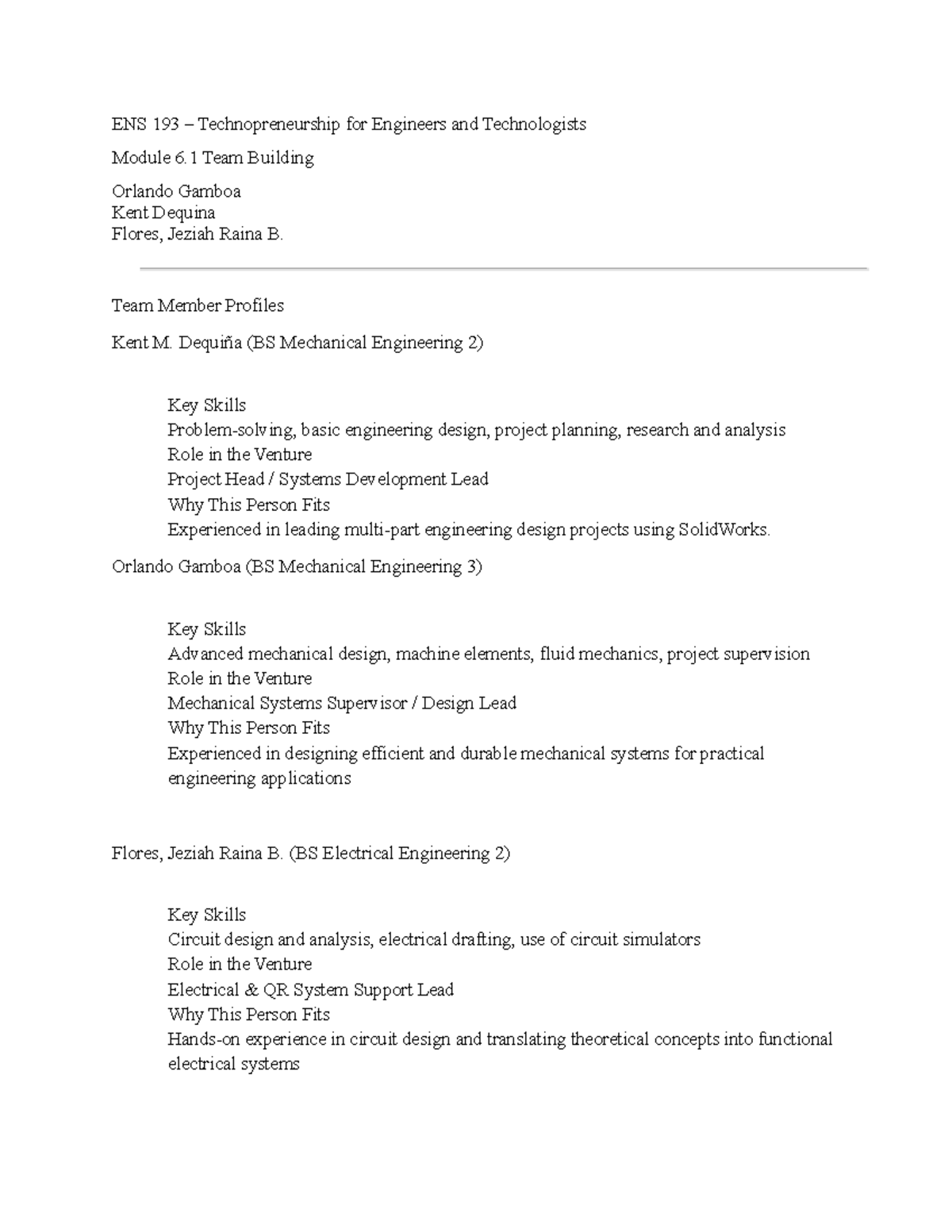 ENS 193 Technopreneurship: Module 6.1 Team Profiles and Roles - Studocu