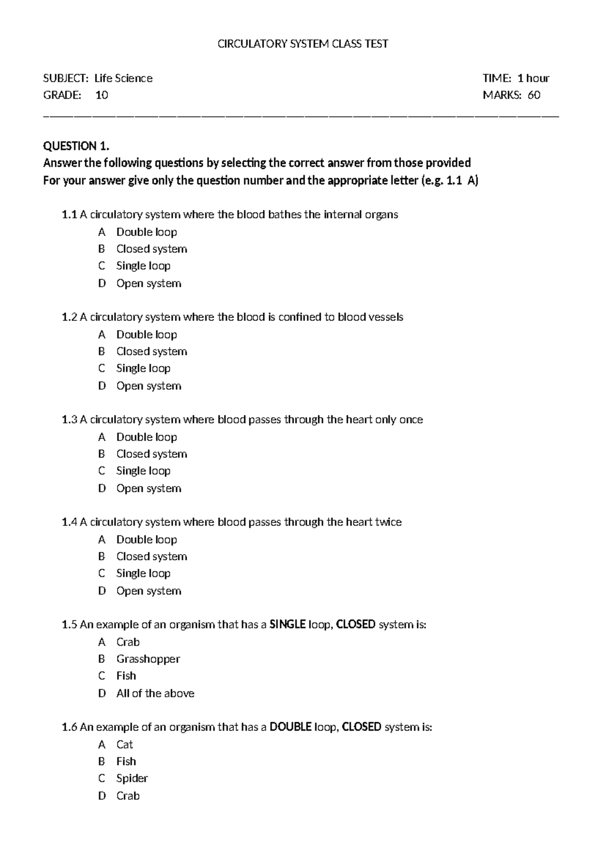 Grade 10 Life Science: Circulatory System Class Test - Studocu