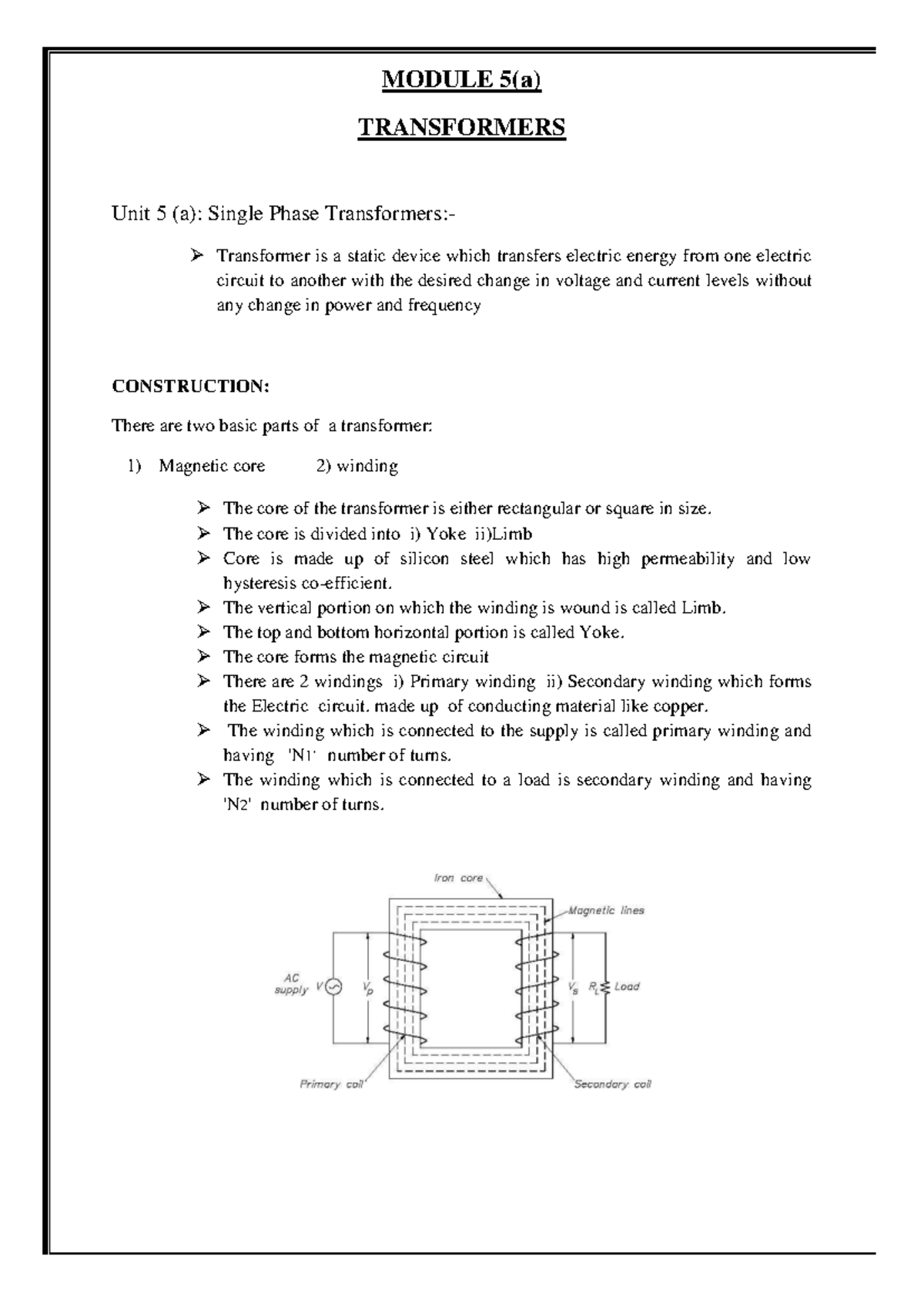 Basic Electrical Engineering Unit-5 - MODULE 5(a) TRANSFORMERS Unit 5 ...