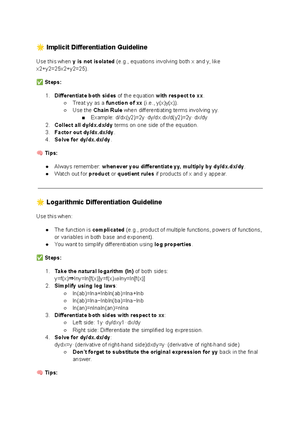 Implicit and Logarithmic Differentiation Guidelines for Calculus - Studocu