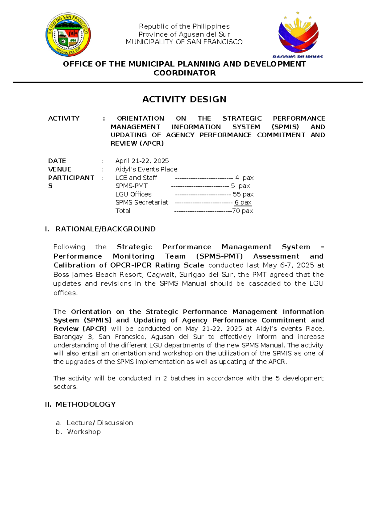 Activity Design: SPMIS Orientation & APCR Update Workshop - Studocu