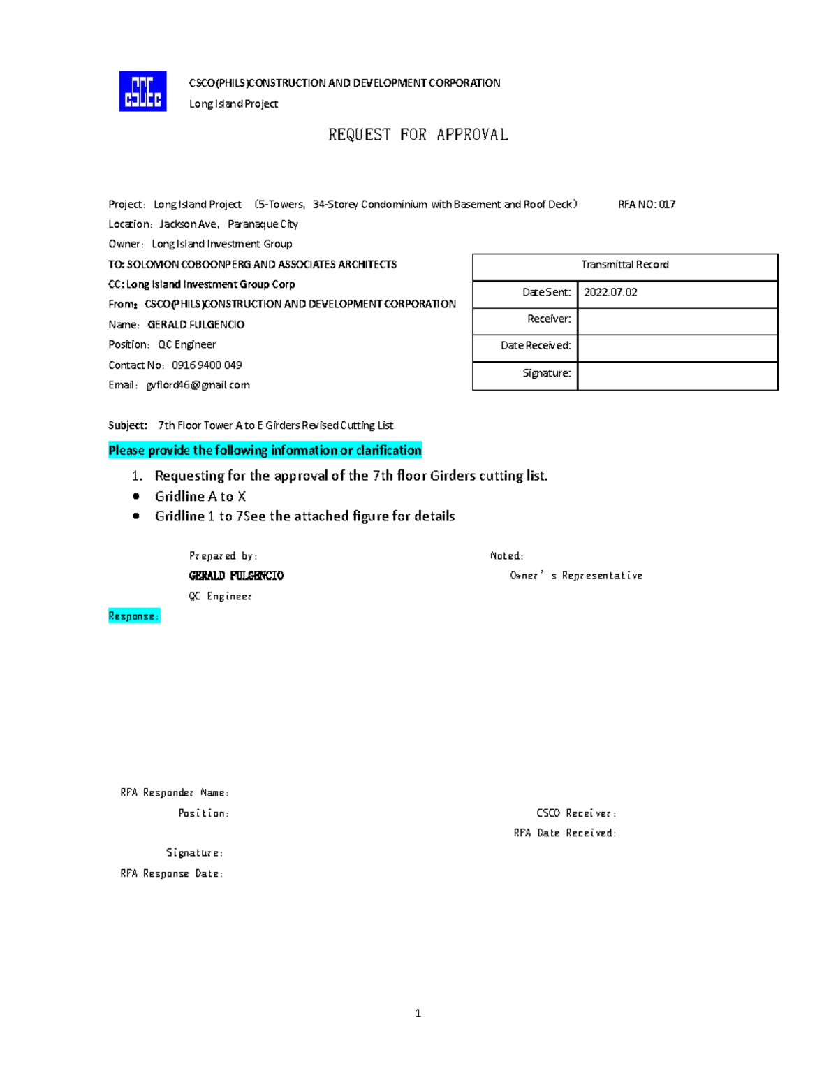 RFA NO 017 - Long Island Project Approval Request Summary - Studocu