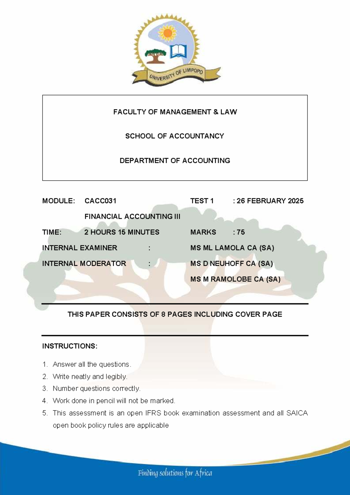 CACC031 Financial Accounting Test 1 - 26 February 2025 - Studocu
