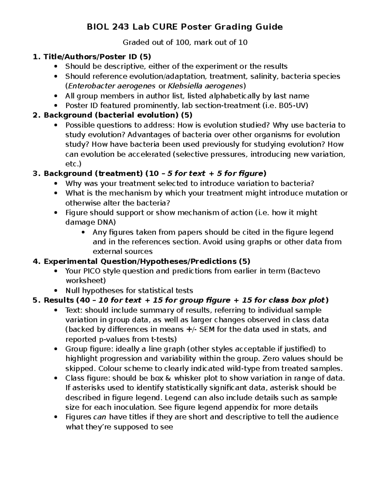 BIOL 243 Poster Grading Guide - BIOL 243 Lab CURE Poster Grading Guide ...