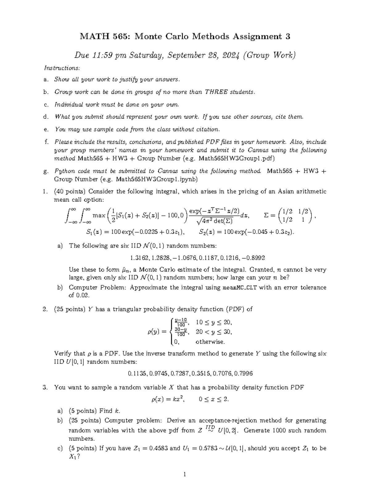 MATH565 - Monte Carlo Methods Assignment 3 Guidelines - Studocu