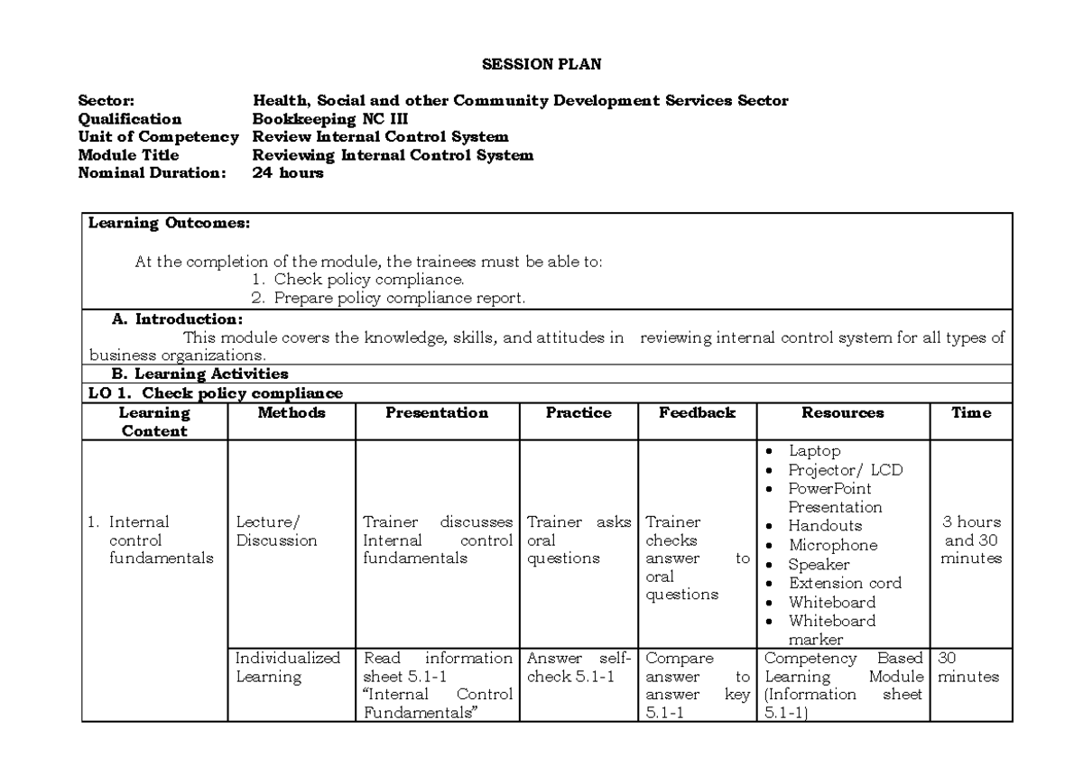 Bookkeeping NC III - Internal Control System Review Session Plan - Studocu