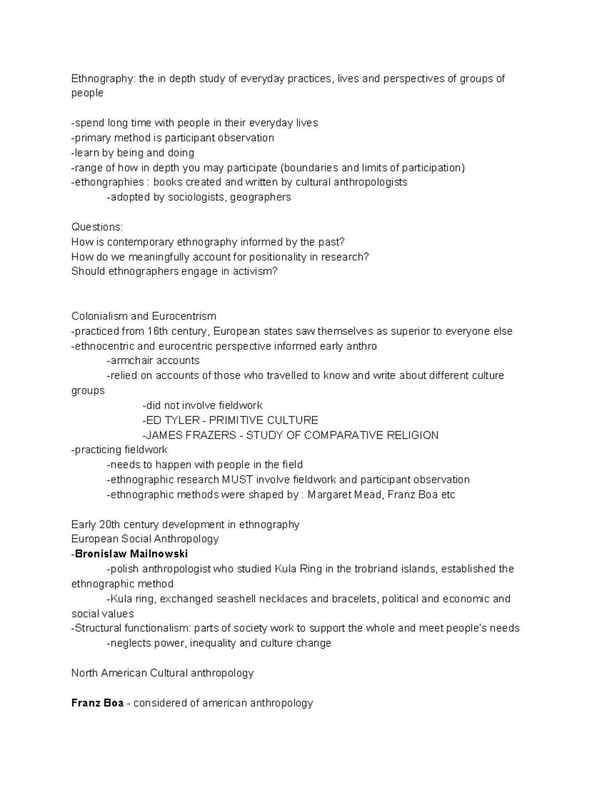 SA 356W lecture notes - Ethnography: the in depth study of everyday ...