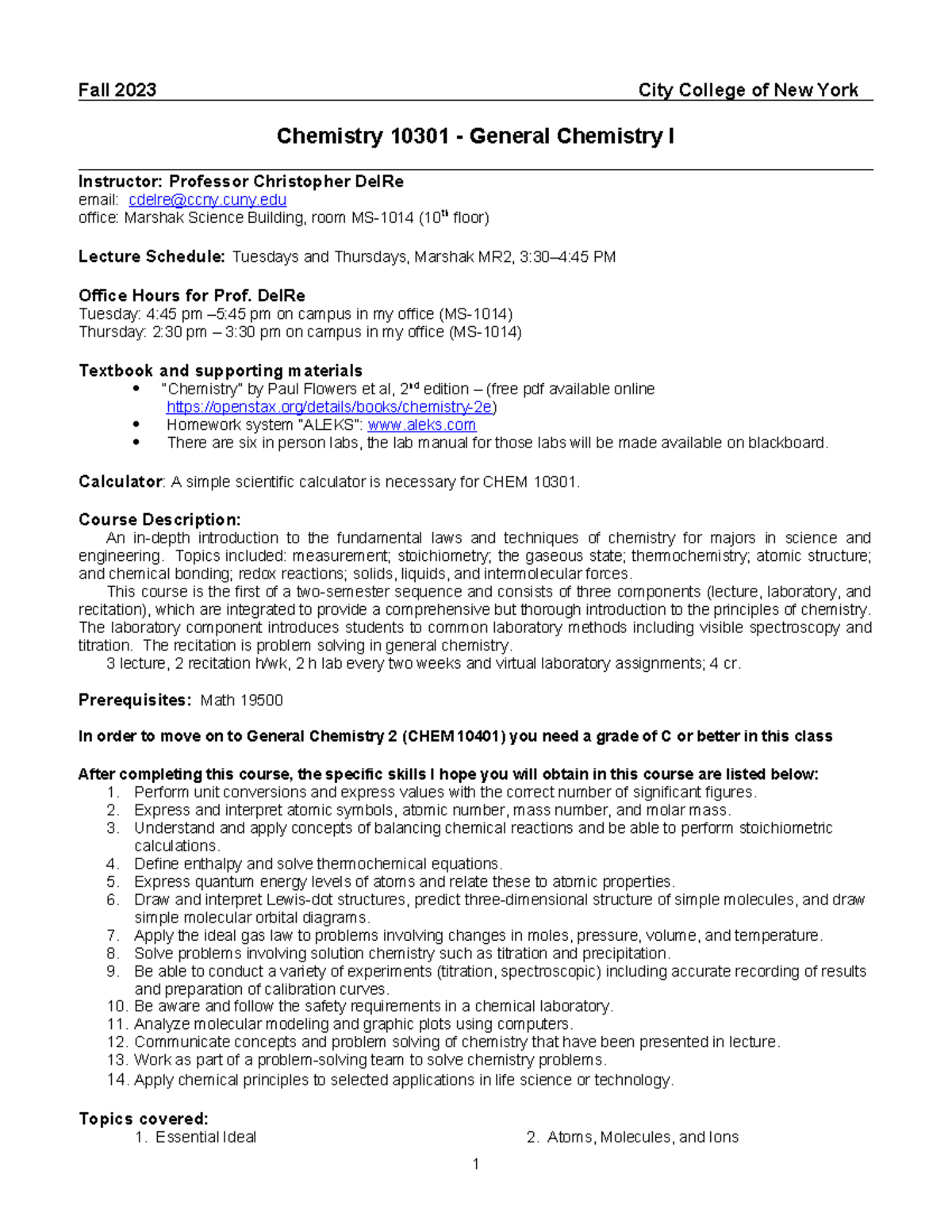 CHEM 10301 Syllabus: General Chemistry I - Fall 2023 at CCNY - Studocu