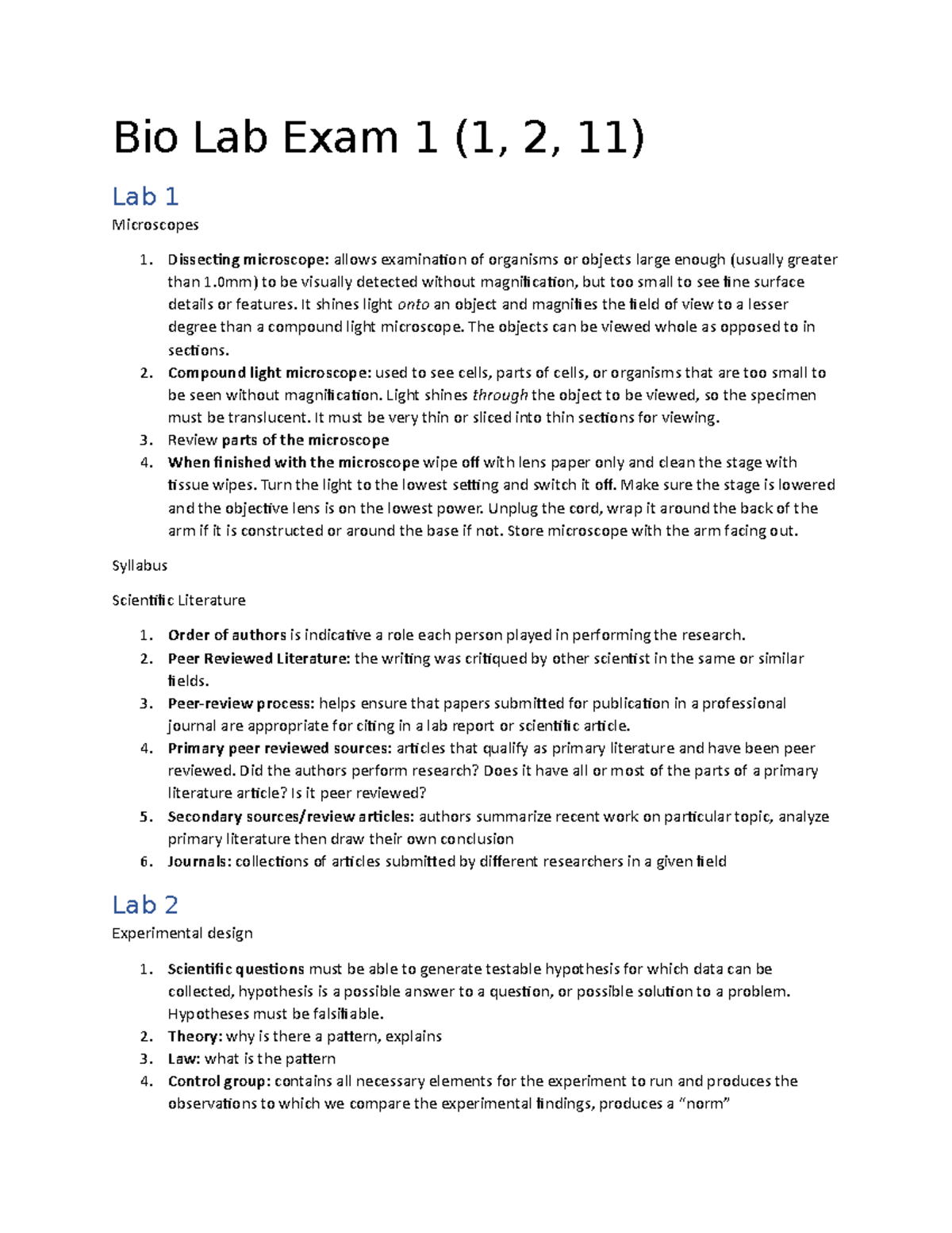 Bio Lab Exam 1 - Study Guide for Labs 1, 2, and 11 - Studocu