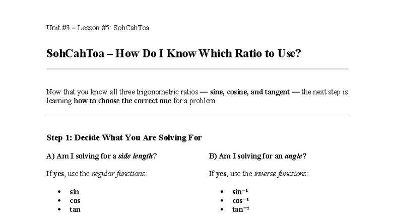 SohCahToa Lesson: Choosing the Right Trig Ratio - Studocu