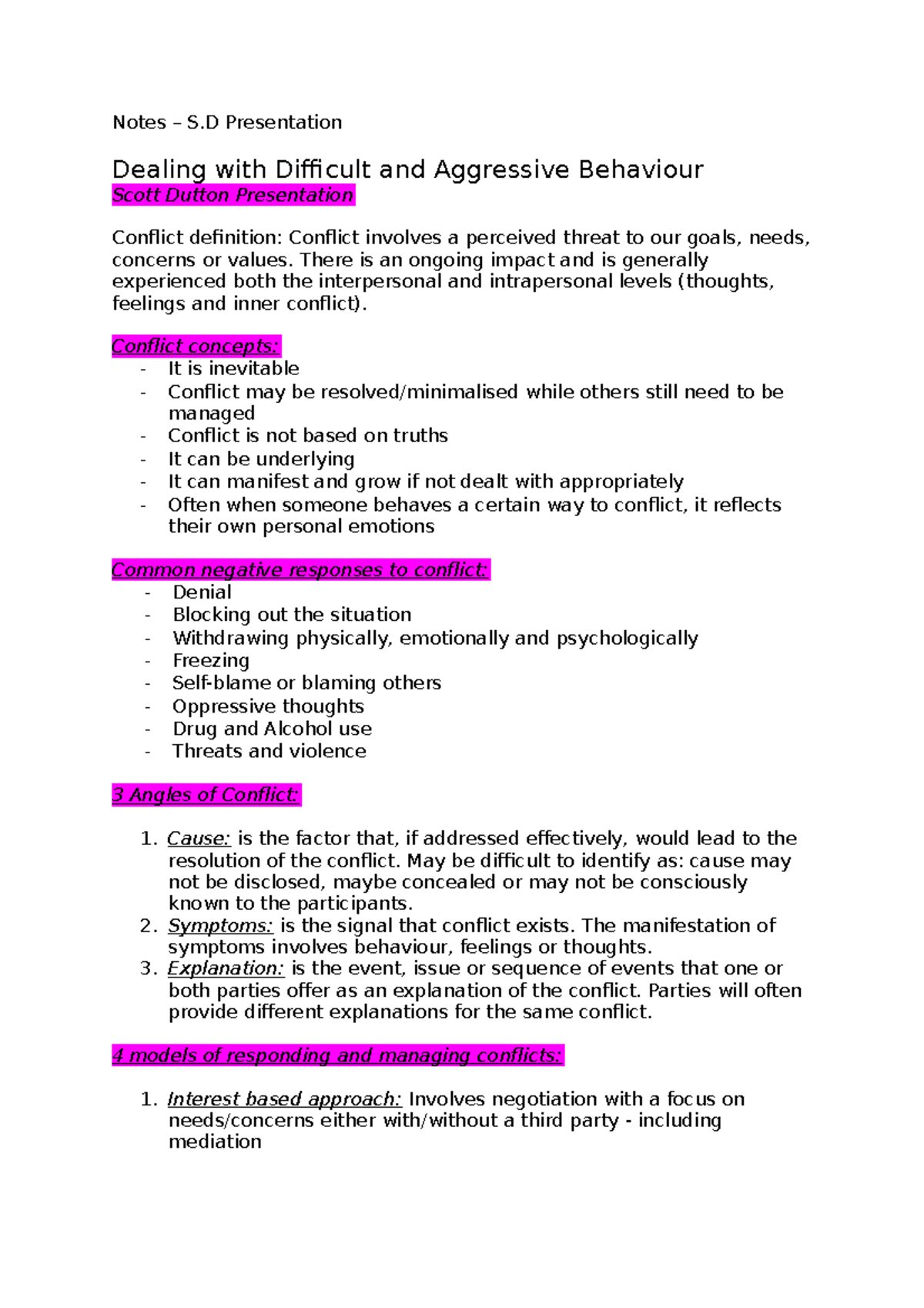 TAFE Notes - Managing Difficult and Aggressive Behaviour in Conflict ...