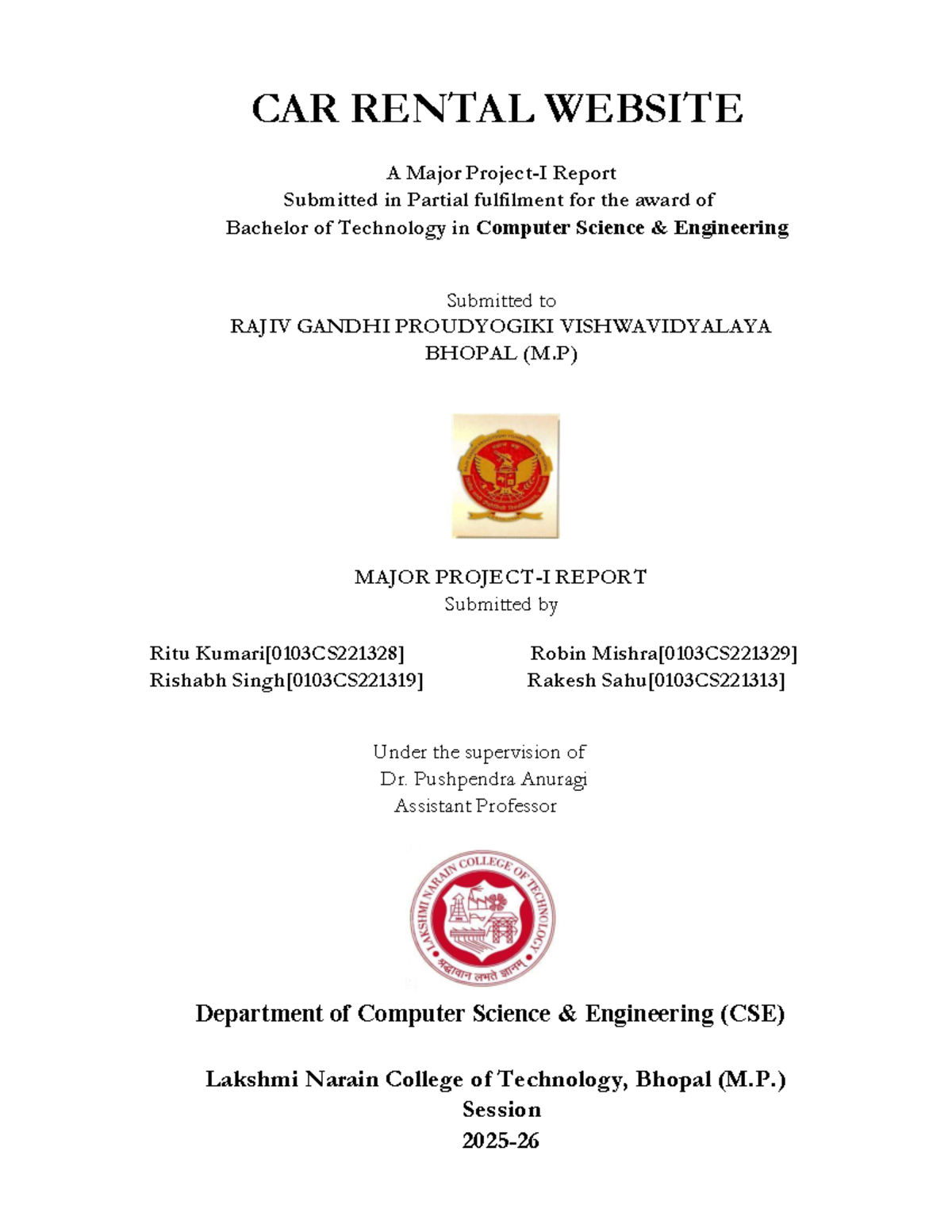 CAR Rental Website Major Report - B.Tech CSE Project - Studocu
