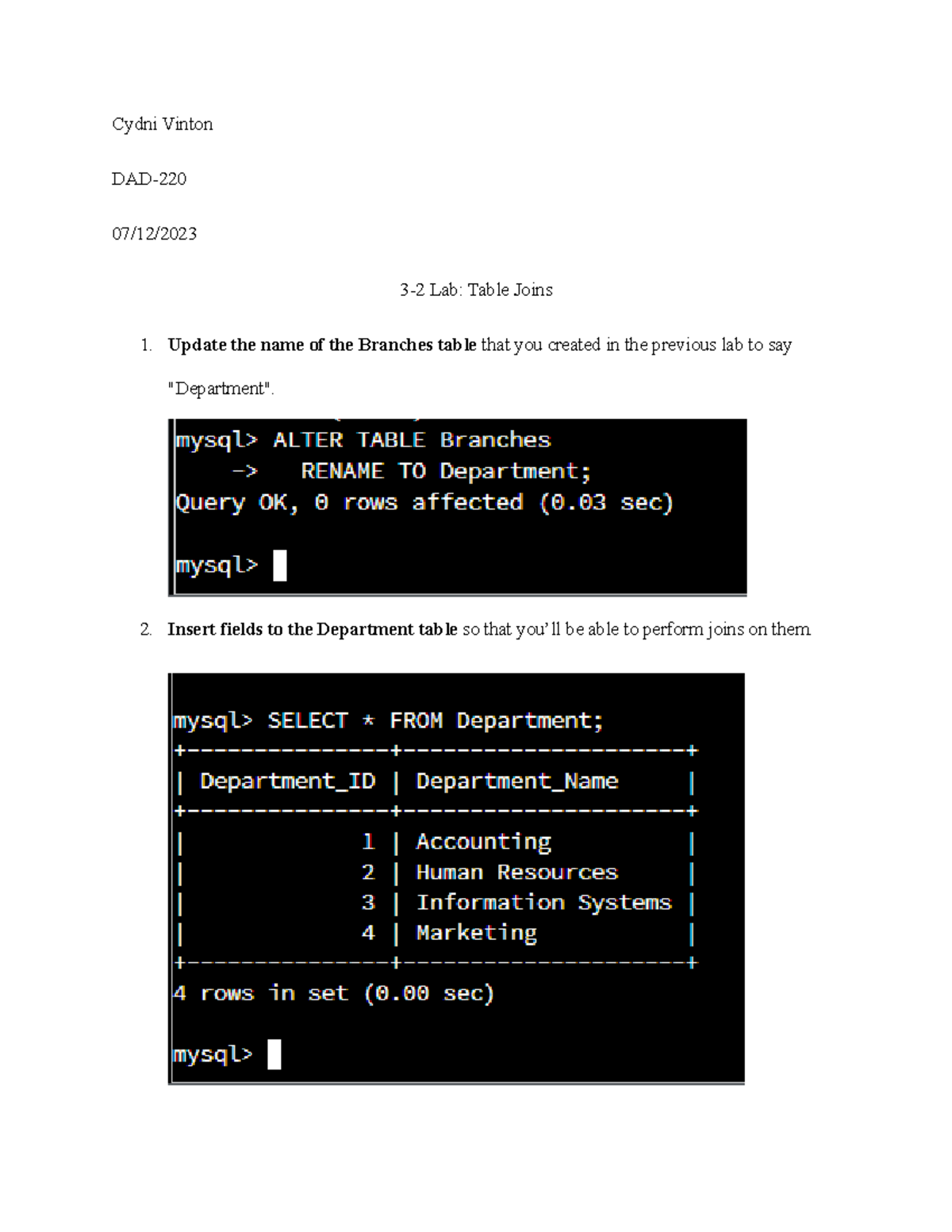 DAD Lab 3-2: Performing and Analyzing Table Joins in SQL - Studocu