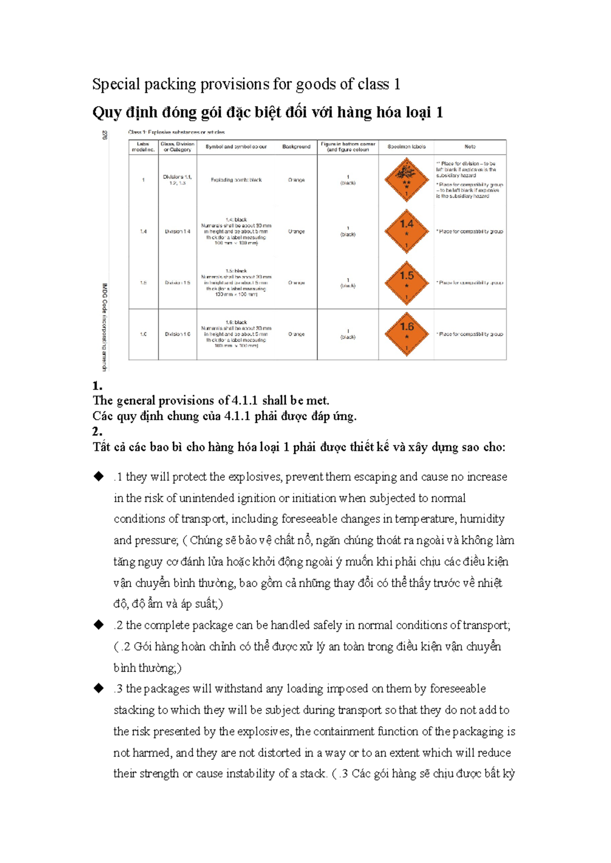Special Packing Provisions for Class 1 Dangerous Goods - Studocu