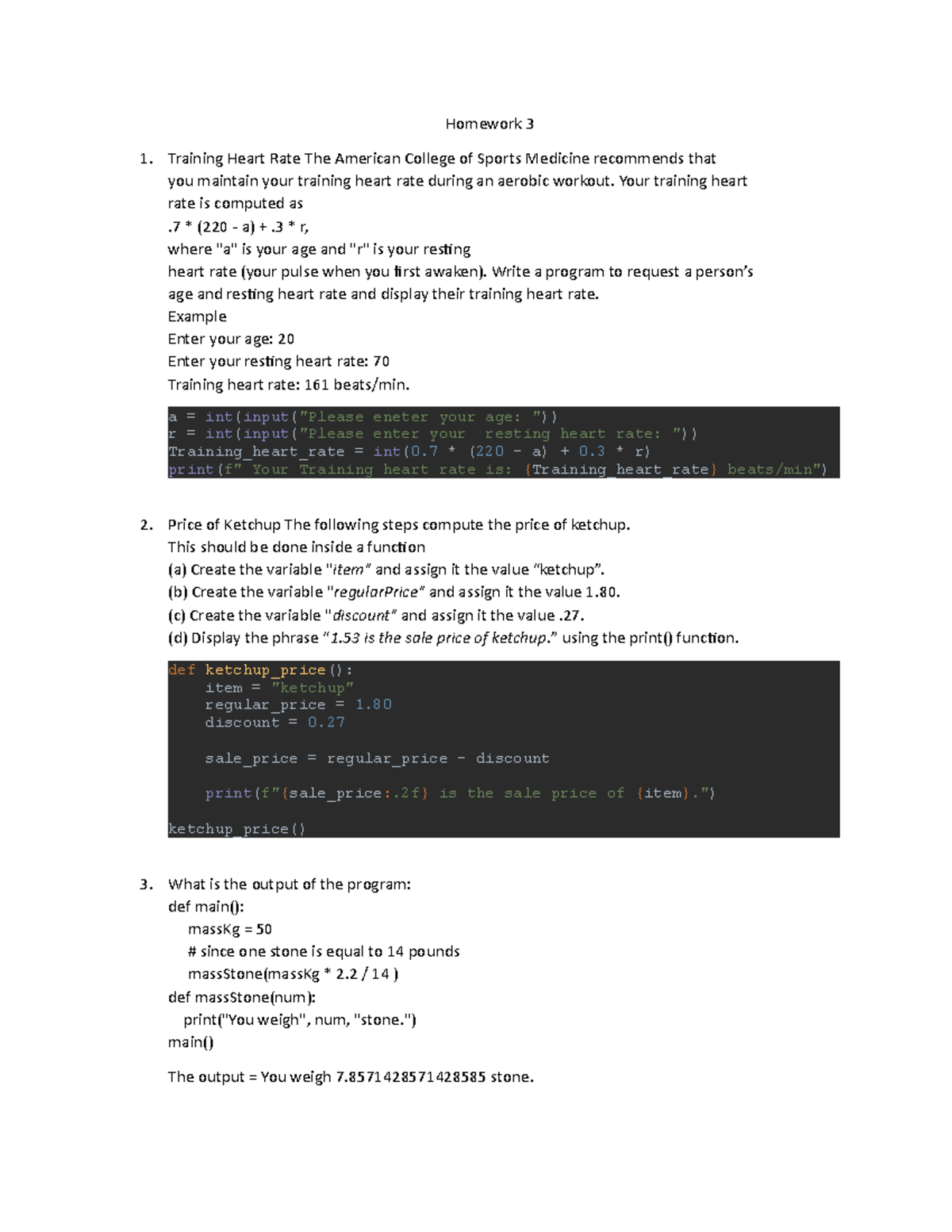 Homework 3 - Coding Exercises on Heart Rate & Ketchup Price - Studocu