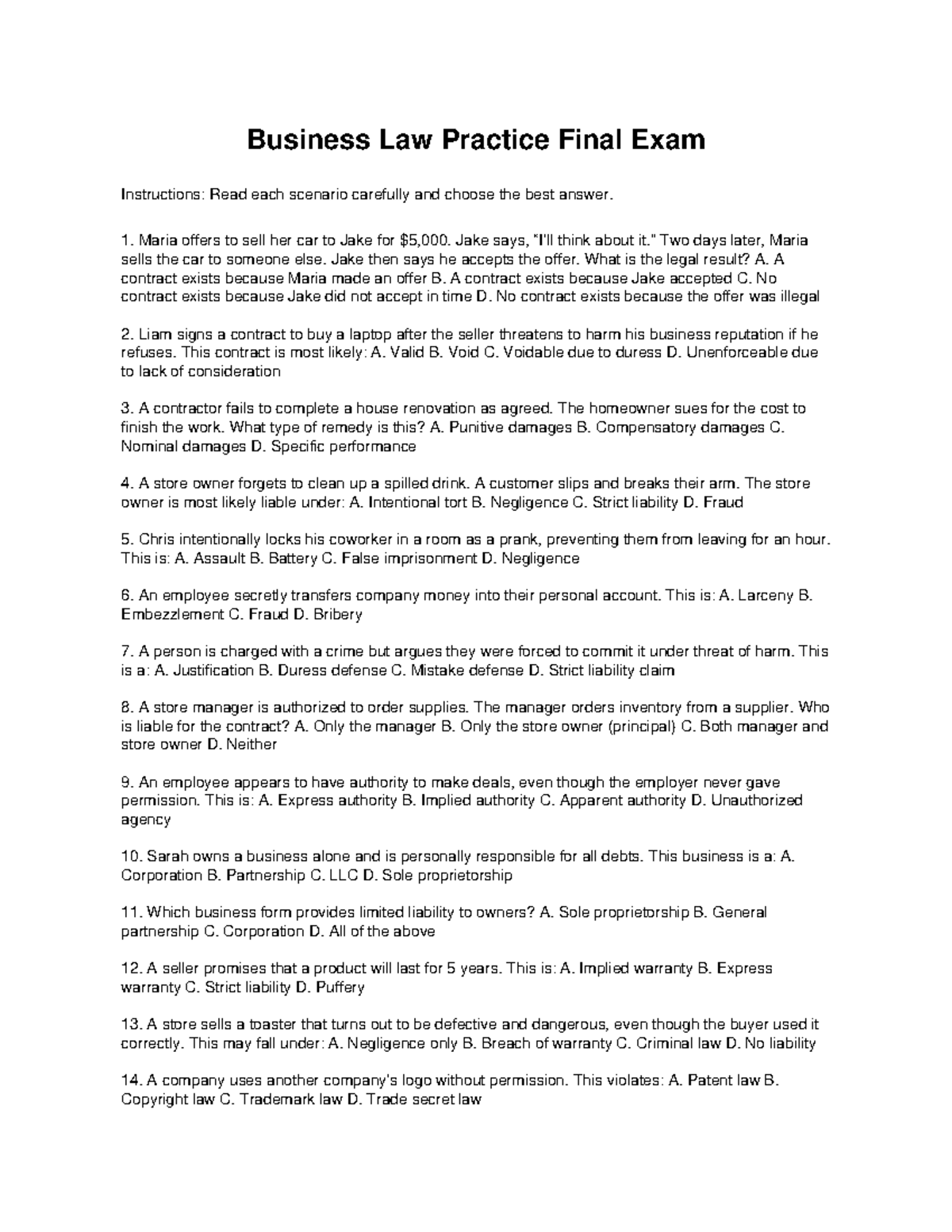 Business Law Practice Final Exam Scenarios and Answers - Studocu