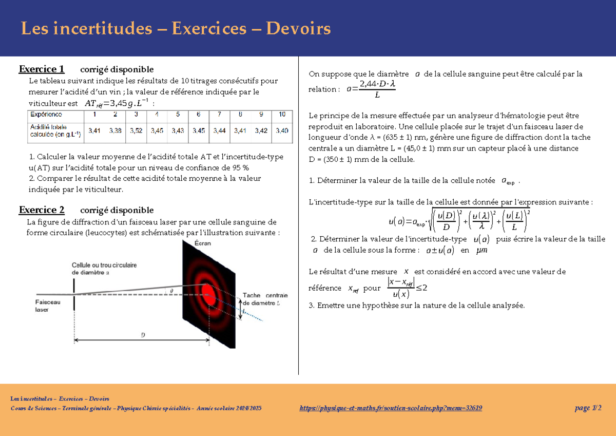 Exercices sur les incertitudes en Physique-Chimie - Terminale S 2024/ ...