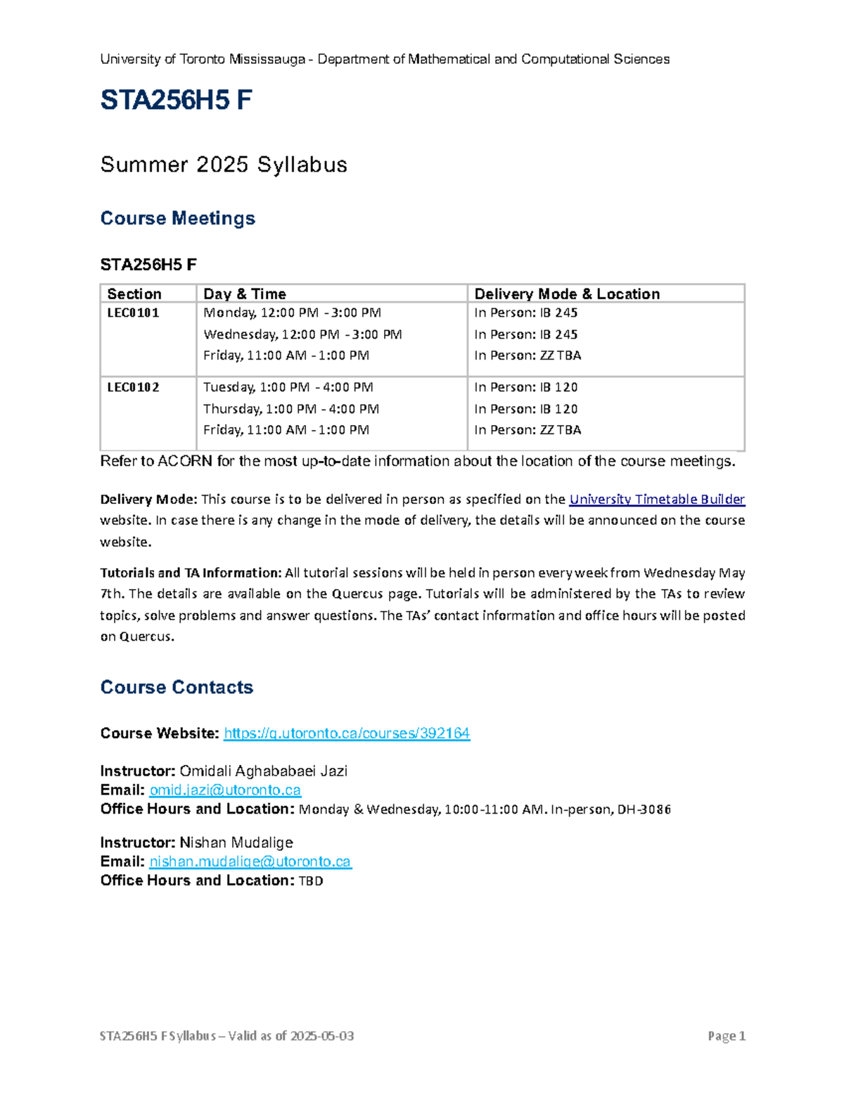 STA256H5 F Summer 2025 Course Syllabus and Overview - Studocu