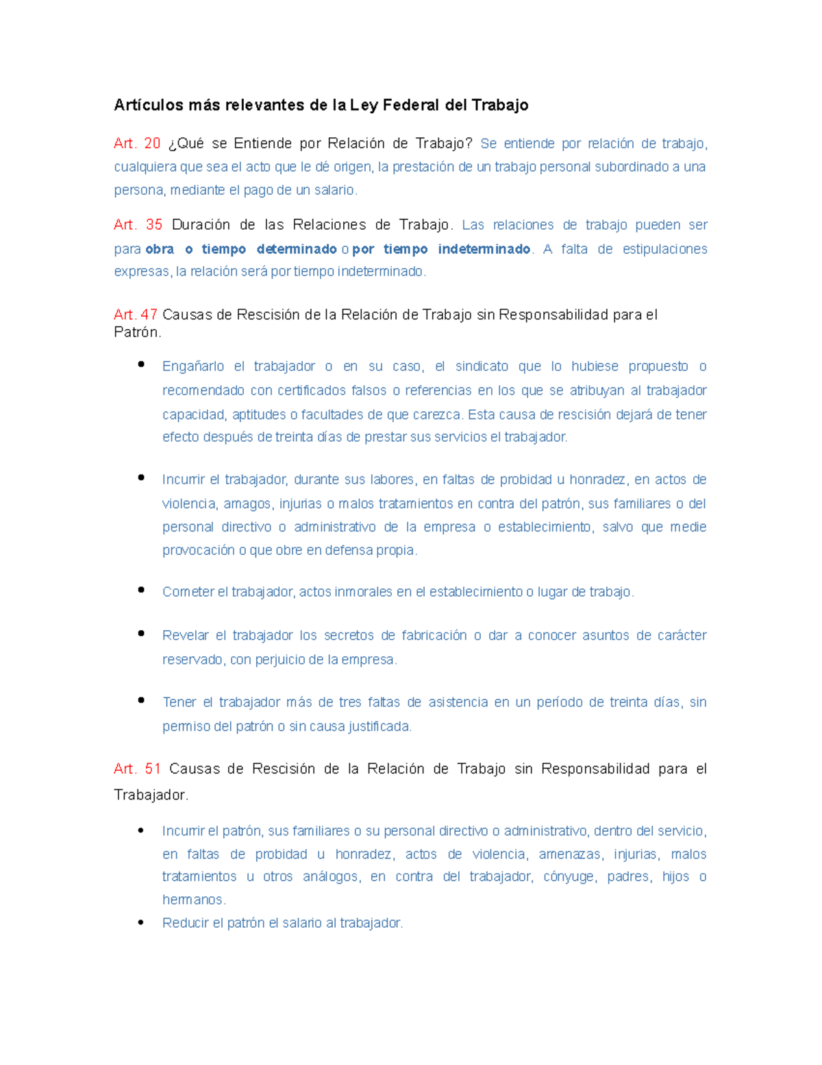 Art. Relevantes de la Ley Federal del Trabajo - Resumen y Análisis ...
