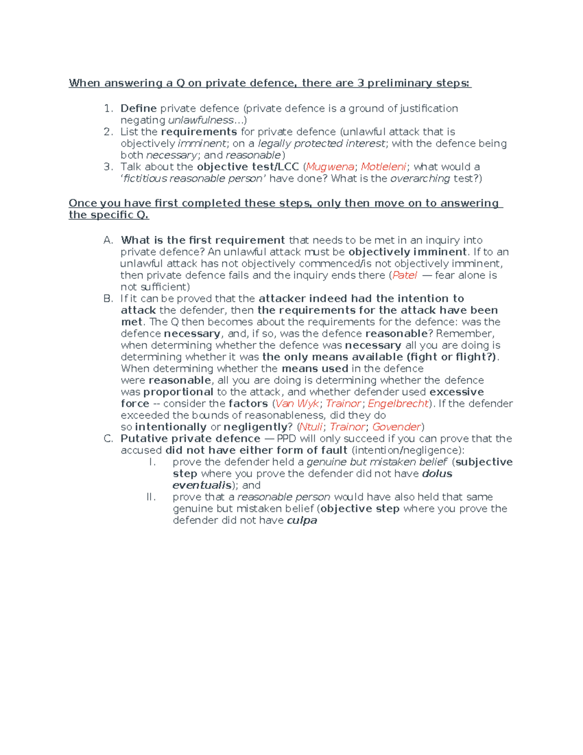 Private Defence Answer Technique: Key Steps and Requirements - Studocu